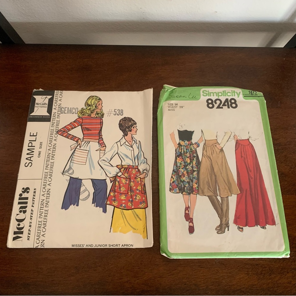 70s Simplicity culottes + skirt sewing patterns and McCall’s short apron pattern